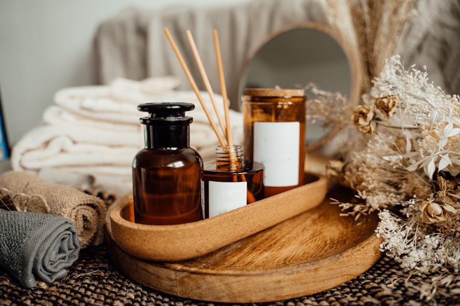 A tranquil spa setup featuring aromatherapy oils and candles