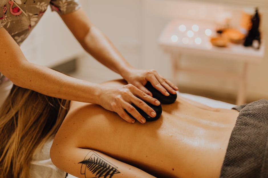 A calming massage therapy session with hot stones for relaxation