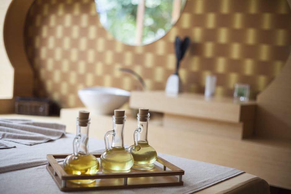 Elegant indoor spa room with natural oil bottles